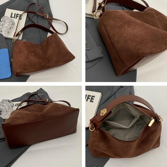 Stylish Coffee Suede Tote with Secure Zipper - Perfect for Everyday Use - Picture 6 of 7